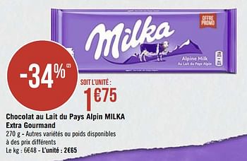 Promotions Chocolat au lait du pays alpin milka extra gourmand - Milka - Valide de 01/03/2021 à 14/03/2021 chez Super Casino
