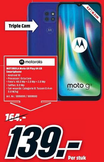 Promoties Motorola moto g9 play 64 gb smartphone - Motorola - Geldig van 01/03/2021 tot 07/03/2021 bij Media Markt
