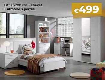 Promotions Lit + chevet + armoire 3 portes - Produit Maison - Euroshop - Valide de 25/02/2021 à 30/06/2021 chez Euro Shop