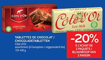 Promotions -20% à l`achat de 2 paquets tablettes de chocolat côte d`or - Cote D'Or - Valide de 10/03/2021 à 23/03/2021 chez Alvo
