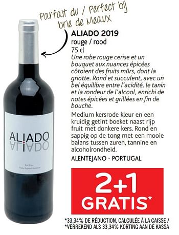 Promotions 2+1 gratis aliado 2019 rouge - Vins rouges - Valide de 10/03/2021 à 23/03/2021 chez Alvo