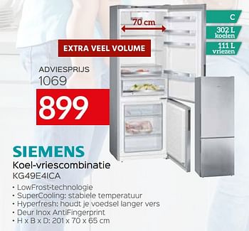 Promotions Siemens koel-vriescombinatie kg49e4ica - Siemens - Valide de 01/03/2021 à 31/03/2021 chez Selexion