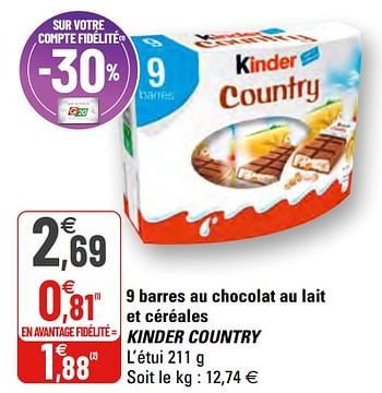 Promotions 9 barres au chocolat au lait et céréales kinder country - Kinder - Valide de 03/03/2021 à 14/03/2021 chez G20