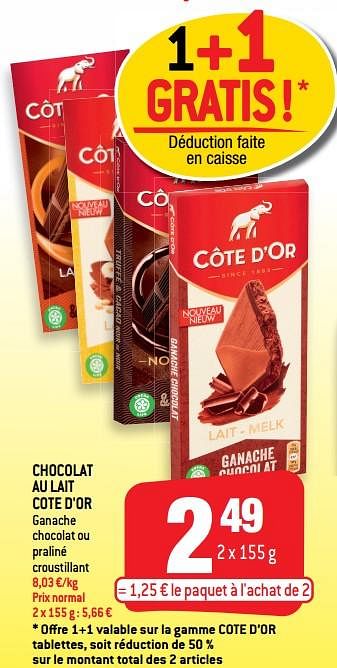 Promoties Chocolat au lait cote d`or - Cote D'Or - Geldig van 03/03/2021 tot 16/03/2021 bij Smatch