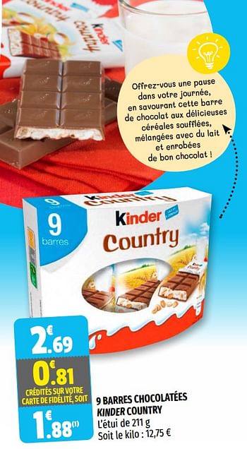 Promoties 9 barres chocolatées kinder country - Kinder - Geldig van 03/03/2021 tot 14/03/2021 bij Coccinelle