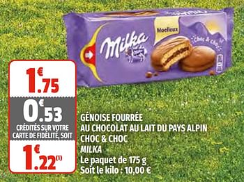 Promoties Génoise fourrée au chocolat au lait du pays alpin choc + choc milka - Milka - Geldig van 03/03/2021 tot 14/03/2021 bij Coccinelle