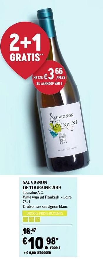Promotions Sauvignon de touraine 2019 touraine a.c. witte wijn uit frankrijk - Vins blancs - Valide de 04/03/2021 à 10/03/2021 chez Delhaize