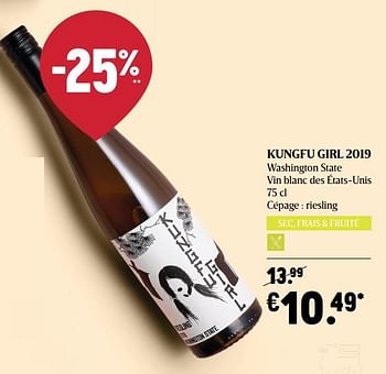 Promotions Kungfu girl 2019 washington state vin blanc des états-unis - Vins blancs - Valide de 04/03/2021 à 10/03/2021 chez Delhaize