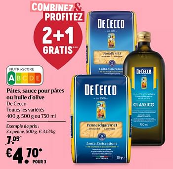 Promoties Pâtes, sauce pour pâtes ou huile d`olive de cecco - De Cecco - Geldig van 04/03/2021 tot 10/03/2021 bij Delhaize