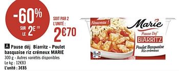 Promotions Pause déj biarritz - poulet basquaise riz crémeux marie - Marie - Valide de 08/03/2021 à 21/03/2021 chez Géant Casino