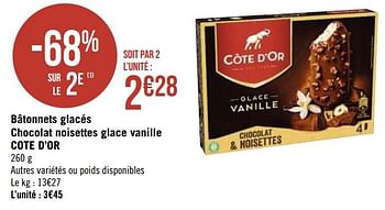 Promotions Bâtonnets glacés chocolat noisettes glace vanille cote d`or - Cote D'Or - Valide de 08/03/2021 à 21/03/2021 chez Géant Casino