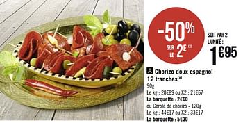 Promotions Chorizo doux espagnol 12 tranches - Produit Maison - Géant Casino - Valide de 08/03/2021 à 21/03/2021 chez Géant Casino