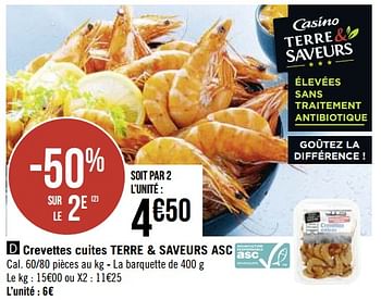 Promotions Crevettes cuites terre + saveurs asc - Produit Maison - Géant Casino - Valide de 08/03/2021 à 21/03/2021 chez Géant Casino