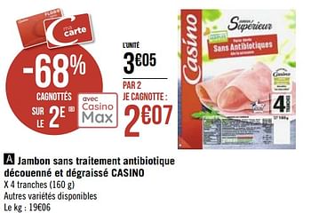 Promotions Jambon sans traitement antibiotique découenné et dégraissé casino - Produit Maison - Géant Casino - Valide de 08/03/2021 à 21/03/2021 chez Géant Casino