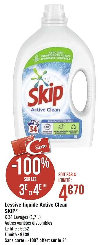 Promotions Lessive liquide active clean skip - Skip - Valide de 08/03/2021 à 21/03/2021 chez Géant Casino