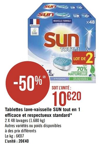 Promotions Tablettes lave-vaisselle sun tout en 1 efficace et respectueux standard - Sun - Valide de 08/03/2021 à 21/03/2021 chez Géant Casino