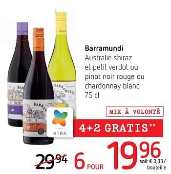 Promotions Barramundi australie shiraz et petit verdot ou pinot noir rouge ou chardonnay blanc - Vins rouges - Valide de 11/03/2021 à 24/03/2021 chez Spar (Colruytgroup)