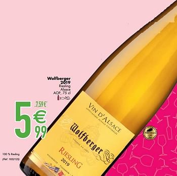 Promotions Wolfberger 2019 riesling alsace aop - Vins blancs - Valide de 09/03/2021 à 05/04/2021 chez Cora