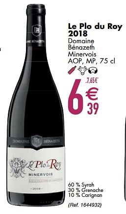 Promotions Le plo du roy 2018 domaine bénazeth minervois aop mp - Vins rouges - Valide de 09/03/2021 à 05/04/2021 chez Cora