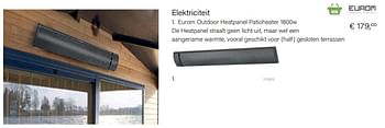 Promoties Eurom outdoor heatpanel patioheater 1800w - Eurom - Geldig van 14/03/2021 tot 31/05/2021 bij Multi Bazar