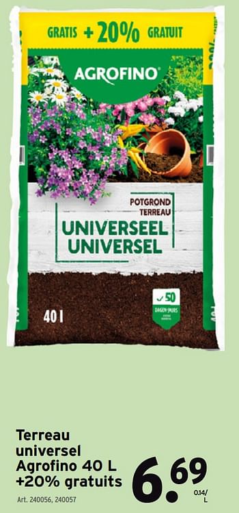 Promotions Terreau universel agrofino - Agrofino - Valide de 08/03/2021 à 31/05/2021 chez Gamma