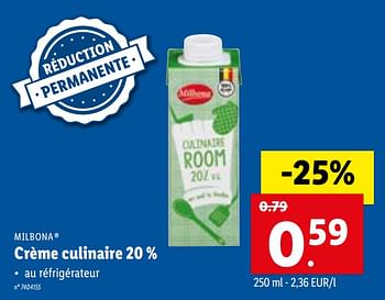 Promotions Crème culinaire 20 % - Milbona - Valide de 22/03/2021 à 27/03/2021 chez Lidl