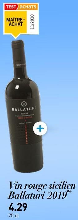 Promotions Vin rouge sicilien ballaturi 2019 - Vins rouges - Valide de 15/03/2021 à 31/05/2021 chez Aldi