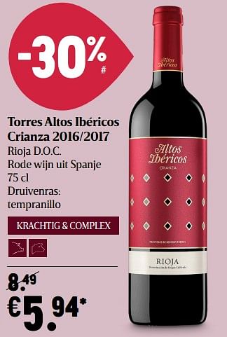 Oranje licht gijzelaar Rode wijnen Torres altos ibéricos crianza 2016-2017 rioja d.o.c. rode wijn  uit spanje - Promotie bij Delhaize