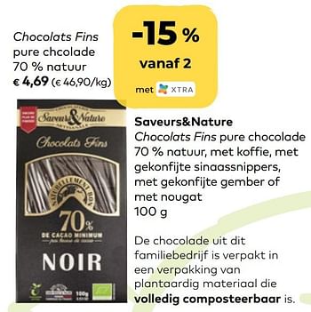 Promotions Saveurs+nature chocolats fins pure chcolade 70 % natuur - Saveurs & Nature - Valide de 24/03/2021 à 20/04/2021 chez Bioplanet