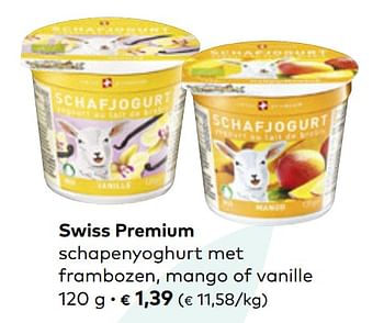 Promoties Swiss premium schapenyoghurt met frambozen, mango of vanille - Swiss Premium - Geldig van 24/03/2021 tot 20/04/2021 bij Bioplanet