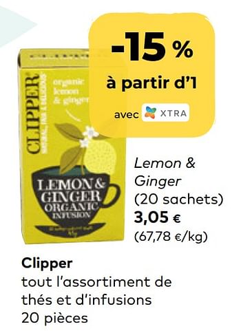 Promotions Clipper lemon + ginger - Clipper - Valide de 24/03/2021 à 20/04/2021 chez Bioplanet