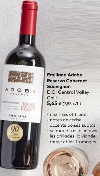Promotions Emiliana adobe reserva cabernet sauvignon d.o. central valley chili - Vins rouges - Valide de 24/03/2021 à 20/04/2021 chez Bioplanet
