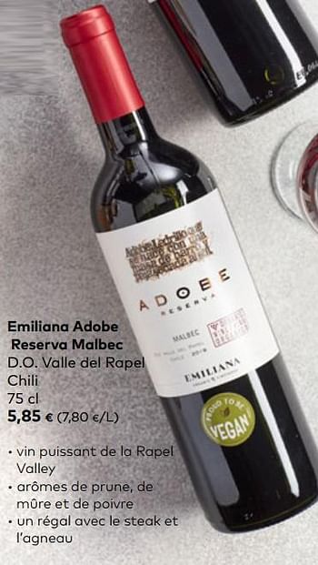 Promotions Emiliana adobe reserva malbec d.o. valle del rapel chili - Vins rouges - Valide de 24/03/2021 à 20/04/2021 chez Bioplanet