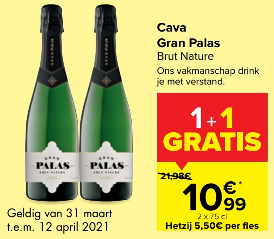 Promoties Cava gran palas brut nature - Rode wijnen - Geldig van 30/03/2021 tot 12/04/2021 bij Carrefour