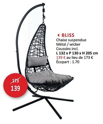 Promotions Bliss chaise suspendue métal - wicker coussins incl - Produit maison - Weba - Valide de 24/03/2021 à 22/04/2021 chez Weba