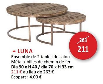 Promoties Luna ensemble de 2 tables de salon métal - billes de chemin de fer - Huismerk - Weba - Geldig van 24/03/2021 tot 22/04/2021 bij Weba