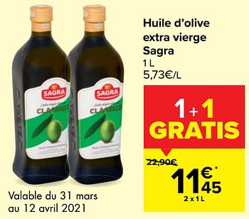 Promotions Huile d`olive extra vierge sagra - Sagra - Valide de 30/03/2021 à 12/04/2021 chez Carrefour
