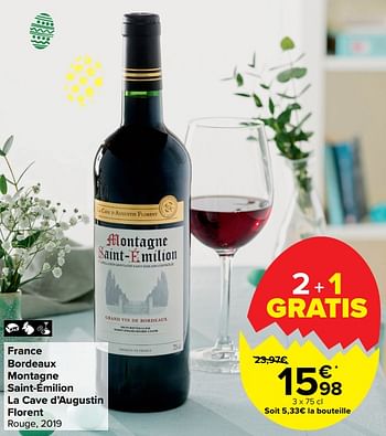 Promoties France bordeaux montagne saint-émilion la cave d`augustin florent rouge, 2019 - Rode wijnen - Geldig van 30/03/2021 tot 12/04/2021 bij Carrefour