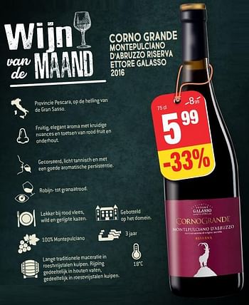 Promoties Corno grande montepulciano d`abruzzo riserva ettore galasso 2016 - Rode wijnen - Geldig van 31/03/2021 tot 06/04/2021 bij Smatch