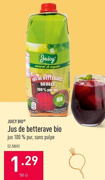 Promotions Jus de betterave bio - Juicy - Valide de 07/04/2021 à 16/04/2021 chez Aldi