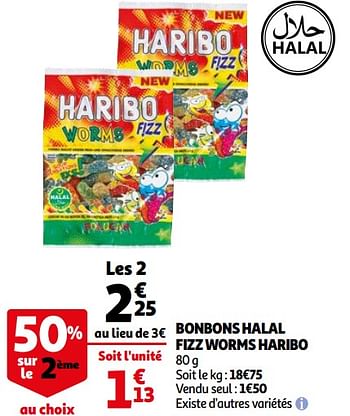 Promotions Bonbons halal fizz worms haribo - Haribo - Valide de 31/03/2021 à 30/04/2021 chez Auchan Ronq