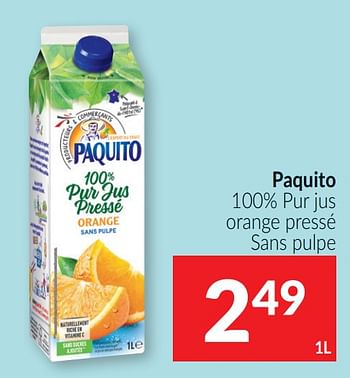 Promotions Paquito 100% pur jus orange pressé sans pulpe - Paquito - Valide de 01/04/2021 à 30/04/2021 chez Intermarche