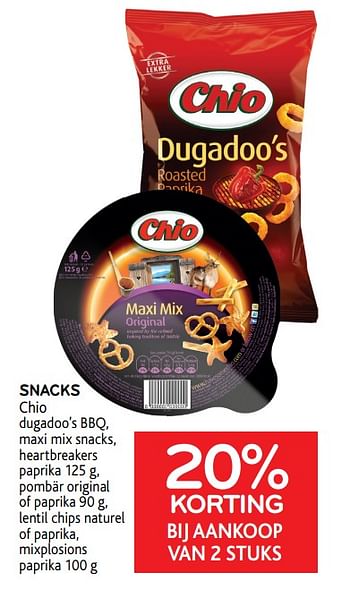 Promoties Snacks chio 20% korting bij aankoop van 2 stuks - Chio - Geldig van 07/04/2021 tot 20/04/2021 bij Alvo
