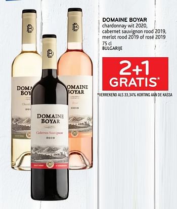 Promoties Domaine boyar chardonnay wit 2020, cabernet sauvignon rood 2019, merlot rood 2019 of rosé 2019 2+1 gratis - Witte wijnen - Geldig van 07/04/2021 tot 20/04/2021 bij Alvo