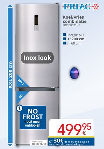 Promoties Friac koel-vries combinatie ud3600ix nf - Friac - Geldig van 01/04/2021 tot 30/04/2021 bij Eldi
