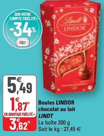 Promotions Boules lindor chocolat au lait lindt - Lindt - Valide de 31/03/2021 à 11/04/2021 chez G20