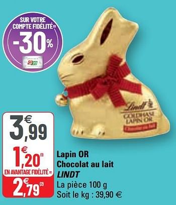 Promotions Lapin or chocolat au lait lindt - Lindt - Valide de 31/03/2021 à 11/04/2021 chez G20
