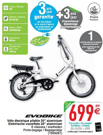 Promoties Vélo électrique pliable 20`` aluminium elektrische vouwfiets 20`` aluminium - Evobike - Geldig van 30/03/2021 tot 26/04/2021 bij Cora