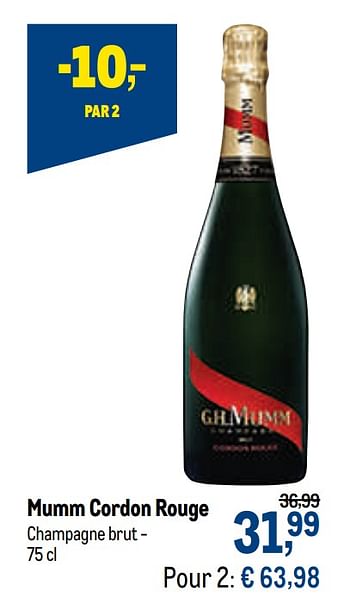 Promotions Mumm cordon rouge champagne brut - Mumm - Valide de 07/04/2021 à 20/04/2021 chez Makro