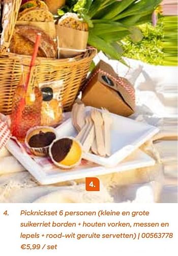 Promoties Picknickset 6 personen (kleine en grote suikerriet borden + houten vorken, messen en lepels + rood-wit geruite servetten) - Huismerk - Ava - Geldig van 06/04/2021 tot 05/09/2021 bij Ava